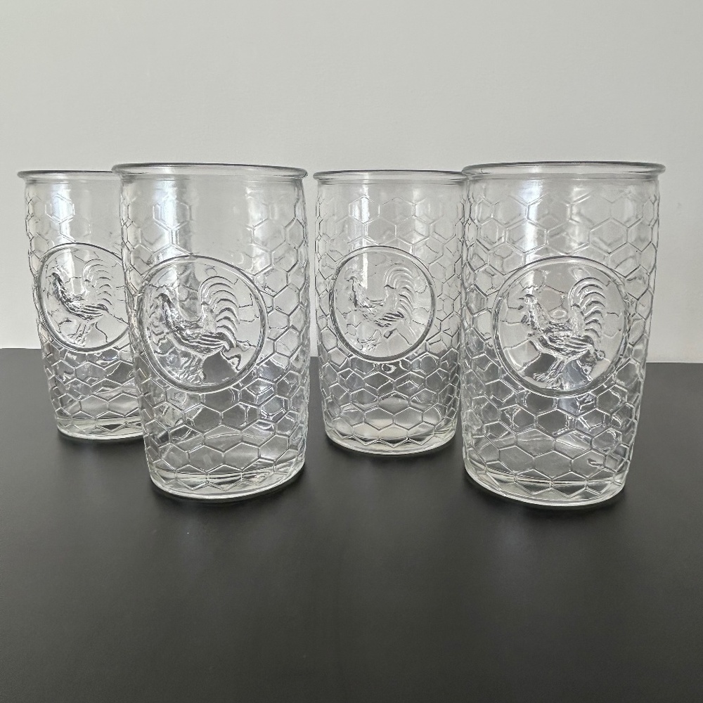 Clear Glass Embossed Rooster Honeycomb Glasses Set of 4